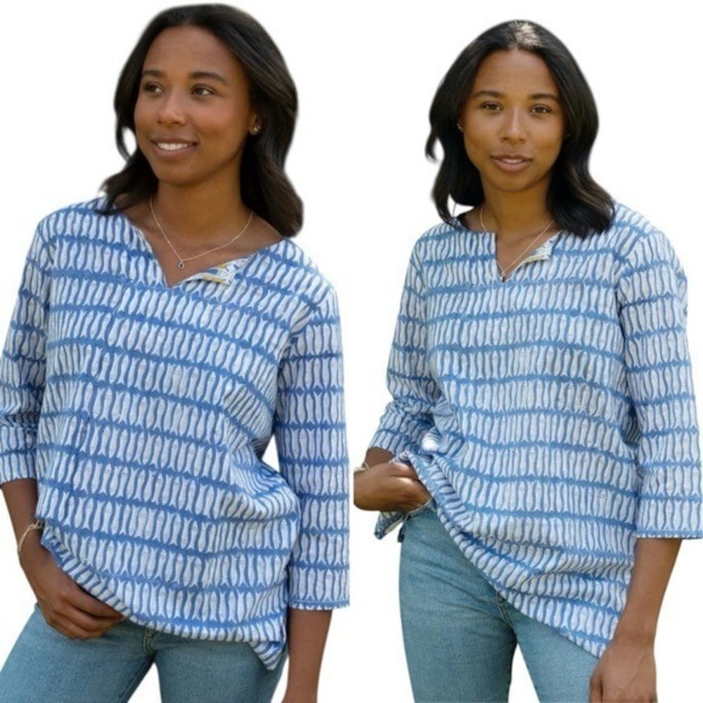 Lime Tree Design England cotton blue fish tunic top blouse M/L
